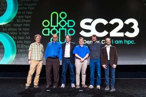 Members of the 19-author team of the Simple Cloud Resolving E3SM Atmosphere Model (SCREAM) present at the Gordon Bell Awards ceremony at the SC23 in Denver on November 16, 2023. From left: Peter Caldwell (SCREAM team lead), Noel Keen, Mark Taylor (lead author), James White, Luca Bertagna, and Sarat Sreepathi. (Photo: SC Photography)