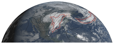 An atmospheric river over the eastern half of the United States with a comma-shaped cloud formation and contour lines indicating atmospheric river presence. | Image credit: Brian Blaylock, GOES-2-Go Python Package